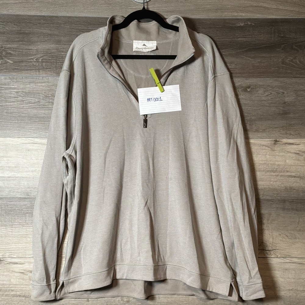 Tommy Bahama Mens Quarter Zip Pullover Beige Cotton Blend Mock Neck